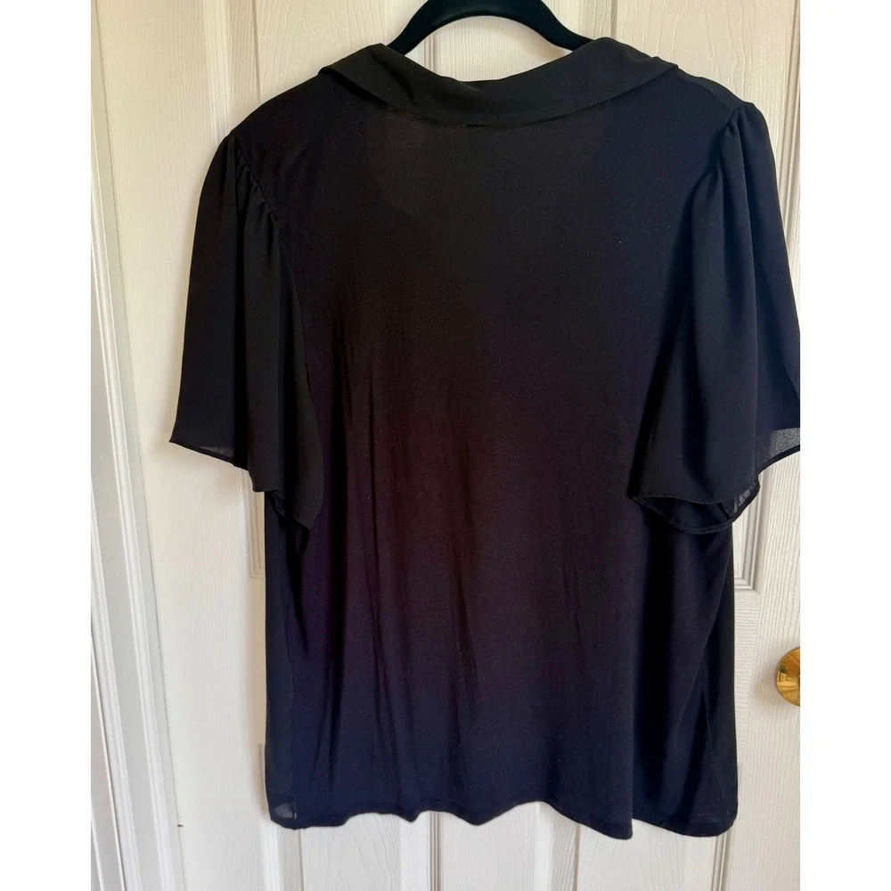 LOFT Black Mixed Media Flutter Sleeve Collared Split Neck Blouse XL